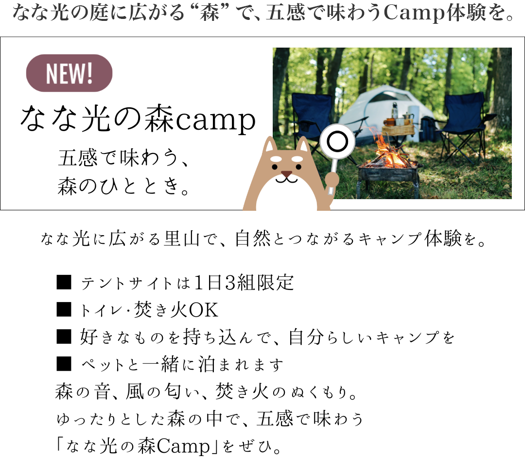 なな光に広がる里山で、自然とつながるキャンプ体験を。